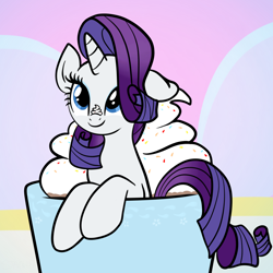 Size: 2100x2100 | Tagged: safe, artist:sjart117, imported from derpibooru, rarity, pony, unicorn, cafe, chocolate, cream, cup, cup of pony, cute, female, food, hair over one eye, hot chocolate, hot coco, mare, marshmallow, mug, ponies in food, raribetes, rarity is a marshmallow, solo, sprinkles, whipped cream