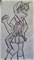 Size: 350x612 | Tagged: safe, artist:midday sun, imported from derpibooru, oc, oc:silver storm, anthro, unicorn, clothes, crossdressing, cute, femboy, male, miniskirt, pleated skirt, school uniform, shirt, shoes, skirt, socks, traditional art, trap