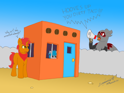 Size: 7439x5572 | Tagged: safe, artist:summerium, imported from derpibooru, oc, oc:bonfire (pony), oc:gideon, oc:glitchy, earth pony, griffon, pony, unicorn, angry, desert, female, male, megaphone, text