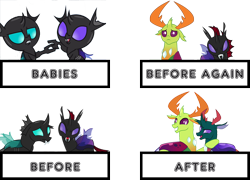 Size: 1280x924 | Tagged: safe, artist:dashiesparkle, artist:kirbymlp, artist:no-time-for-caution, artist:sketchmcreations, imported from derpibooru, pharynx, thorax, changedling, changeling, nymph, the times they are a changeling, to change a changeling, baby, brothers, king thorax, male, prince pharynx, reformed