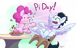 Size: 2000x1265 | Tagged: safe, artist:tsitra360, imported from derpibooru, pinkie pie, soarin', earth pony, pegasus, pony, eyes closed, female, food, male, mare, pi day, pie, pinkie being pinkie, pinkie physics, smiling, stallion, surprised, that pony sure does love pies, underhoof