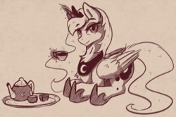 Size: 1446x960 | Tagged: safe, artist:arjinmoon, imported from derpibooru, princess luna, alicorn, pony, cup, ethereal mane, explicit source, female, folded wings, food, glowing horn, hoof shoes, horn, jewelry, levitation, looking at you, magic, mare, monochrome, peytral, regalia, simple background, solo, tea, teacup, telekinesis, wings
