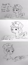 Size: 878x2048 | Tagged: safe, artist:tjpones, imported from derpibooru, twilight sparkle, alicorn, pony, comic, dialogue, eating, female, food, grayscale, hat, lineart, mare, monochrome, offscreen character, peetzer, pizza, pizza box, pizza delivery, simple background, sitting, smol, solo, this will end in weight gain, traditional art, twiggie, twilight sparkle (alicorn), you had one job