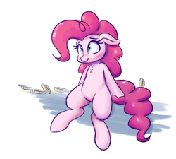 Size: 1280x1152 | Tagged: safe, artist:heir-of-rick, imported from derpibooru, pinkie pie, earth pony, pony, blushing, chest fluff, cute, diapinkes, female, floppy ears, food, mare, pi day, pie, pie tin, simple background, sitting, smiling, solo, white background