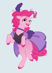 Size: 1036x1458 | Tagged: safe, artist:saturniade, imported from derpibooru, pinkie pie, earth pony, pony, over a barrel, bipedal, blue background, clothes, cloven hooves, dancing, dress, female, looking at you, mare, open mouth, saloon pinkie, simple background, solo