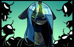 Size: 1873x1195 | Tagged: safe, artist:sourspot, imported from derpibooru, queen chrysalis, changeling, changeling queen, female, floppy ears, glowing horn, profile, smiling, solo focus
