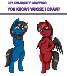Size: 1472x1668 | Tagged: safe, artist:pencil bolt, imported from derpibooru, oc, oc:blue pone, oc:red pone, pegasus, pony, bipedal, female, mare, red and black oc, request, standing, wings