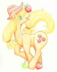 Size: 801x1000 | Tagged: safe, artist:mu-tsu, imported from derpibooru, applejack, earth pony, pony, apple, applejack's hat, balancing, cowboy hat, cutie mark, female, hat, looking at you, mare, obligatory apple, open mouth, simple background, solo, traditional art, white background