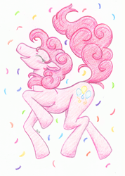 Size: 712x1000 | Tagged: safe, artist:mu-tsu, imported from derpibooru, pinkie pie, earth pony, pony, blushing, confetti, cutie mark, eyes closed, female, mare, open mouth, simple background, solo, traditional art, white background