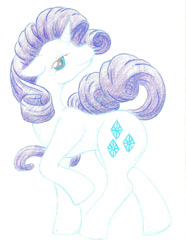 Size: 900x1210 | Tagged: safe, artist:mu-tsu, imported from derpibooru, rarity, pony, unicorn, cutie mark, female, floppy ears, looking at you, mare, raised hoof, simple background, smiling, solo, traditional art, white background