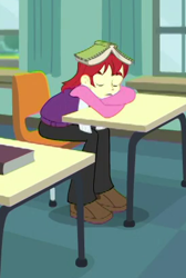 Size: 271x403 | Tagged: safe, imported from derpibooru, screencap, nolan north, equestria girls, equestria girls series, schedule swap, spoiler:eqg series (season 2), background human, book, clothes, cropped, eyes closed, male, pants, shoes, sleeping, sleeping in class, solo