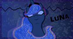 Size: 1280x694 | Tagged: safe, artist:pandawolfart, imported from derpibooru, princess luna, pony, abstract background, bust, ethereal mane, eyes closed, eyeshadow, female, headphones, headset, makeup, mare, music, smiling, solo, starry mane, wallpaper