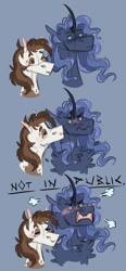 Size: 608x1312 | Tagged: safe, artist:baylard, imported from derpibooru, pipsqueak, princess luna, pony, alternate hairstyle, angry, behaving like a bird, blue background, blushing, bust, chest fluff, curved horn, dot eyes, embarrassed, eyes closed, female, flustered, freckles, horn, kiss denied, kissing, lunapip, male, mare, older, open mouth, shipping, simple background, straight, tsundere, wavy mouth, yelling