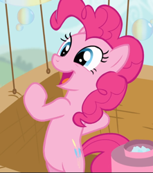 Size: 830x940 | Tagged: safe, imported from derpibooru, screencap, pinkie pie, earth pony, pony, pinkie pride, big smile, bipedal, bubble, cropped, cute, diapinkes, excited, female, happy, mare, open mouth, smiling