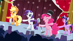 Size: 1668x940 | Tagged: safe, imported from derpibooru, screencap, applejack, pinkie pie, rarity, twilight sparkle, alicorn, earth pony, pony, unicorn, pinkie pride, bipedal, dancing, female, hat, lights, mare, microphone, smiling, top hat, twilight sparkle (alicorn)