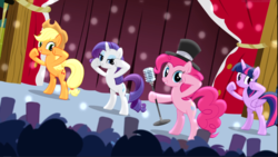 Size: 1670x940 | Tagged: safe, imported from derpibooru, screencap, applejack, pinkie pie, rarity, twilight sparkle, alicorn, earth pony, pony, unicorn, pinkie pride, bipedal, dancing, female, hat, lidded eyes, lights, mare, microphone, smiling, top hat, twilight sparkle (alicorn)