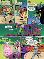 Size: 768x1024 | Tagged: safe, artist:andypriceart, idw, imported from derpibooru, cosmos (character), discord, dog, draconequus, earth pony, ladybug, pony, unicorn, spoiler:comic, spoiler:comic76, background pony, chaos, comic, cosmos, female, filly, green sky, magic, male, official comic, possessive, preview, size difference, speech bubble, stinger, transformation, unnamed character, unnamed pony