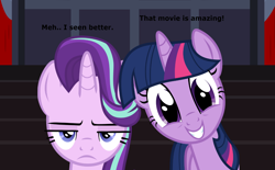 Size: 1164x721 | Tagged: safe, artist:davidsfire, artist:frownfactory, artist:nukarulesthehouse1, imported from derpibooru, starlight glimmer, twilight sparkle, pony, caption, cinema, cute face, funny, happy, image macro, opinion, starlight glimmer is not amused, starlight is not amused, text, unamused, vector