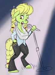 Size: 704x960 | Tagged: safe, artist:snapai, imported from derpibooru, granny smith, earth pony, semi-anthro, bipedal, dolly parton, female, horse collar, looking at you, microphone, solo, yoke