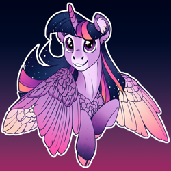 Size: 2449x2449 | Tagged: safe, artist:turnipberry, imported from derpibooru, twilight sparkle, alicorn, pony, bust, chest feathers, cloven hooves, colored wings, colored wingtips, ethereal mane, female, gradient background, gradient legs, mare, shoulder feathers, smiling, solo, starry eyes, starry mane, twilight sparkle (alicorn), two toned wings, wingding eyes