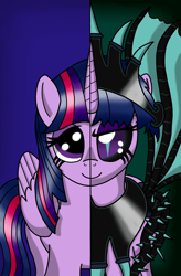 Size: 2488x3800 | Tagged: safe, artist:heartshielder1991, imported from derpibooru, twilight sparkle, oc, oc:plunderseed queen, oc:plunderseedqueen, alicorn, pony, black vine, corrupted, corrupted twilight sparkle, female, slit eyes, slit pupils, solo, twilight sparkle (alicorn), two sided posters