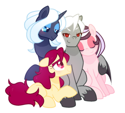 Size: 1000x900 | Tagged: safe, artist:yokokinawa, imported from derpibooru, oc, oc:dracula, oc:melody diamond, oc:soft petal, oc:violet quill, earth pony, pony, unicorn, vampire, vampony, ot4, polyamory, simple background, white background, wives