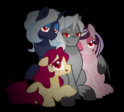 Size: 1000x900 | Tagged: safe, artist:yokokinawa, imported from derpibooru, oc, oc:dracula, oc:melody diamond, oc:soft petal, oc:violet quill, earth pony, pony, unicorn, vampire, vampony, black background, blood, looking at you, red eyes, simple background, wives