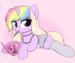 Size: 2296x1927 | Tagged: safe, artist:moozua, imported from derpibooru, oc, oc only, oc:lullaby tiara, pony, unicorn, burn book, clothes, mouth hold, pen, pink, prone, pudge, socks, solo, thank u next