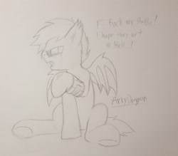 Size: 2406x2112 | Tagged: safe, artist:lucky dragon, imported from derpibooru, oc, oc:lotus, bat pony, pony, fallout equestria, bat pony oc, crying, male, pipbuck, sitting, sketch, stallion, traditional art, underhoof, vulgar, wings