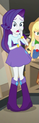 Size: 183x570 | Tagged: safe, imported from derpibooru, screencap, applejack, rarity, equestria girls, movie magic, spoiler:eqg specials, belt, boots, bracelet, clothes, cropped, female, jewelry, offscreen character, shocked, shocked expression, shoes, skirt