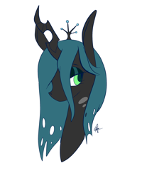 Size: 2000x2500 | Tagged: source needed, safe, artist:katyusha, imported from derpibooru, queen chrysalis, changeling, changeling queen, crown, cute, cutealis, female, jewelry, looking at you, majestic, regalia, signature, simple background, solo, white background