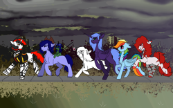 Size: 1920x1200 | Tagged: safe, artist:brainiac, derpibooru exclusive, imported from derpibooru, oc, oc only, oc:blackjack, oc:boo, oc:lacunae, oc:morning glory (project horizons), oc:p-21, oc:rampage, oc:scotch tape, alicorn, cyborg, earth pony, pegasus, pony, unicorn, fallout equestria, fallout equestria: project horizons, amputee, artificial alicorn, carrot on a stick, clothes, collar, fanfic art, female, group, level 1 (project horizons), male, mare, not rainbow dash, purple alicorn (fo:e), quadruple amputee, snack cake, stallion, wip