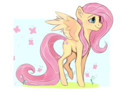 Size: 1073x794 | Tagged: safe, artist:mekmarchu, imported from derpibooru, fluttershy, butterfly, pegasus, pony, cute, ear fluff, female, flower, looking away, mare, raised leg, shyabetes, smiling, solo, spread wings, standing, three quarter view, two toned wings, wings