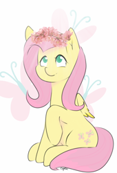 Size: 1262x1861 | Tagged: safe, artist:c0pter, imported from derpibooru, fluttershy, pegasus, pony, cutie mark background, female, floral head wreath, flower, folded wings, looking at something, looking up, mare, raised hoof, sitting, solo, wings