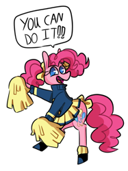 Size: 1600x2137 | Tagged: safe, artist:quiet-bunny, imported from derpibooru, pinkie pie, pony, alternate hairstyle, bipedal, bow, cheerleader, cheerleader outfit, cheerleader pinkie, clothes, cute, dialogue, diapinkes, female, hair bow, no pupils, pigtails, pom pom, simple background, solo, speech bubble, transparent background