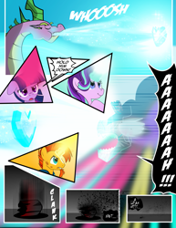 Size: 1275x1650 | Tagged: safe, artist:dsana, imported from derpibooru, king sombra, spike, starlight glimmer, sunburst, twilight sparkle, dragon, pony, unicorn, comic:the shadow shard, comic, crystal heart, dialogue, female, fire, fire breath, flashback, magic, male, mare, sombra horn, sombra's horn, spikezilla, stallion