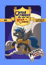 Size: 1024x1448 | Tagged: safe, artist:mysticalpha, imported from derpibooru, oc, oc:cloud zapper, pegasus, pony, comic:cloud zapper and the helm of chaos, armor, cloud, cloud zapper and the helm of chaos, comic, comic cover, flying, full moon, hoof shoes, male, moon, royal guard, stallion