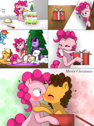 Size: 1536x2048 | Tagged: safe, artist:valiantstar00, imported from derpibooru, applejack, cheese sandwich, fluttershy, pinkie pie, rainbow dash, rarity, twilight sparkle, alicorn, earth pony, pegasus, pony, unicorn, blushing, cake, cheesepie, christmas, christmas tree, comic, cute, female, food, holiday, kiss on the lips, kissing, male, present, shipping, straight, surprise kiss, tree, twilight sparkle (alicorn)