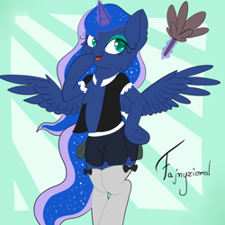 Size: 3000x3000 | Tagged: safe, artist:fajnyziomal, imported from derpibooru, princess luna, pony, semi-anthro, cheek fluff, clothes, commission, female, hoof on hip, maid, solo, ych result