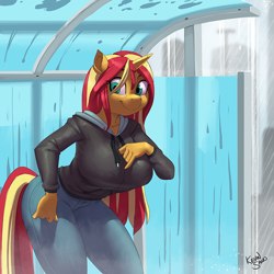 Size: 900x900 | Tagged: safe, alternate version, artist:kevinsano, imported from derpibooru, sunset shimmer, anthro, unicorn, adorasexy, big breasts, breasts, bus stop, busty sunset shimmer, clothes, cute, female, hoodie, jeans, looking at you, mare, multiple variants, pants, rain, sexy, shimmerbetes, smiling, solo, towel, wet mane