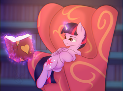 Size: 2150x1600 | Tagged: safe, artist:al1-ce, derpibooru exclusive, imported from derpibooru, twilight sparkle, alicorn, pony, :3, blurred background, blurry background, book, bookshelf, chair, chromatic aberration, cute, female, magic, scene interpretation, solo, telekinesis, twiabetes, twilight sparkle (alicorn)