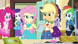 Size: 1920x1080 | Tagged: safe, imported from derpibooru, screencap, applejack, fluttershy, pinkie pie, rainbow dash, rarity, sci-twi, twilight sparkle, equestria girls, equestria girls series, schedule swap, spoiler:eqg series (season 2), celestia's office, female, geode of fauna, geode of shielding, geode of sugar bombs, geode of super speed, geode of super strength, geode of telekinesis, humane five, humane six, magical geodes, rarity peplum dress, written equestrian