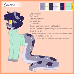 Size: 3000x3000 | Tagged: safe, artist:liefsong, imported from derpibooru, oc, oc:licorice, lamia, original species, cute, glasses, reference sheet