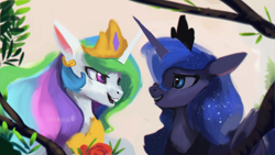 Size: 1920x1080 | Tagged: safe, artist:hierozaki, imported from derpibooru, princess celestia, princess luna, alicorn, pony, bust, duo, female, looking at each other, mare, open mouth, royal sisters, sisters