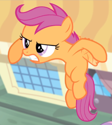 Size: 732x815 | Tagged: safe, imported from derpibooru, screencap, scootaloo, sweetie belle, pegasus, pony, unicorn, for whom the sweetie belle toils, cropped, female, filly, flapping, flying, offscreen character, solo focus, struggling, teeth