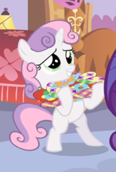 Size: 362x537 | Tagged: safe, imported from derpibooru, screencap, rarity, sweetie belle, pony, unicorn, for whom the sweetie belle toils, bipedal, blank flank, cropped, female, filly, holding, mare, offscreen character, smiling, solo focus