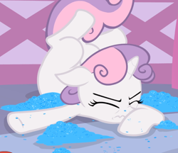 Size: 1084x936 | Tagged: safe, imported from derpibooru, screencap, sweetie belle, pony, unicorn, for whom the sweetie belle toils, crash, cropped, eyes closed, female, filly, glitter, lying down, scrunchy face, sequins, solo, sweetie fail, underhoof, wavy mouth