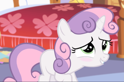 Size: 1267x839 | Tagged: safe, imported from derpibooru, screencap, sweetie belle, pony, unicorn, for whom the sweetie belle toils, blushing, cropped, cute, diasweetes, female, filly, foal, smiling, solo