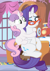 Size: 669x940 | Tagged: safe, imported from derpibooru, screencap, rarity, sweetie belle, pony, unicorn, for whom the sweetie belle toils, blank flank, cropped, female, filly, glasses, hug, lidded eyes, looking at each other, looking back, mare, sisters, sitting, smiling