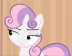 Size: 1210x940 | Tagged: safe, imported from derpibooru, screencap, sweetie belle, pony, unicorn, for whom the sweetie belle toils, cropped, female, filly, lidded eyes, solo, sweetie belle is not amused, unamused